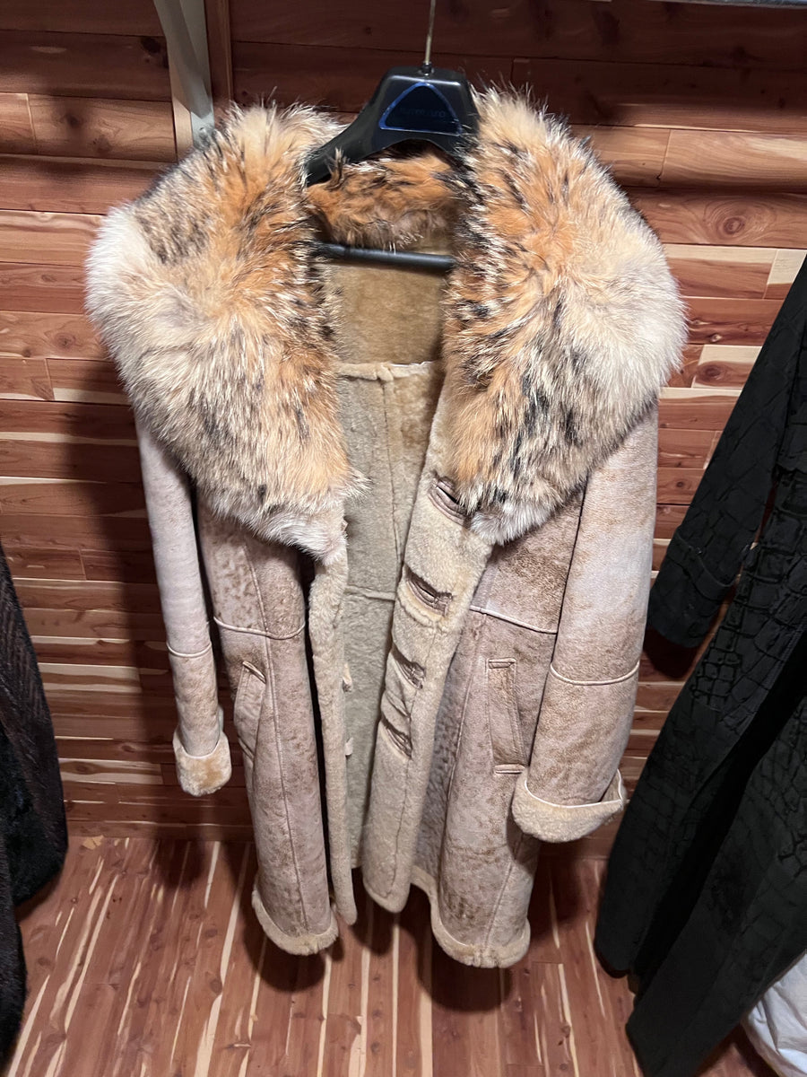 Shearling coat with hot sale fur trim