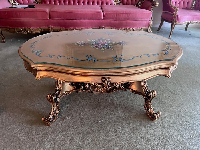 Vintage Gold Coffee Table with Inlay Design, Glass Top