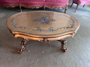 Vintage Gold Coffee Table with Inlay Design, Glass Top