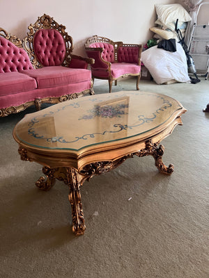 Vintage Gold Coffee Table with Inlay Design, Glass Top