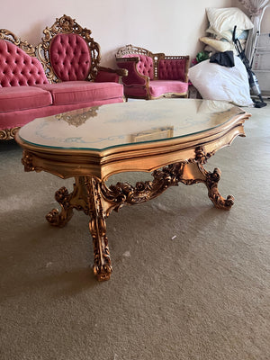 Vintage Gold Coffee Table with Inlay Design, Glass Top