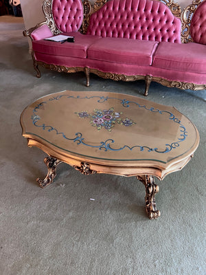 Vintage Gold Coffee Table with Inlay Design, Glass Top