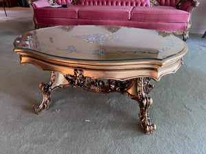 Vintage Gold Coffee Table with Inlay Design, Glass Top