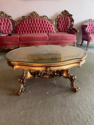 Vintage Gold Coffee Table with Inlay Design, Glass Top