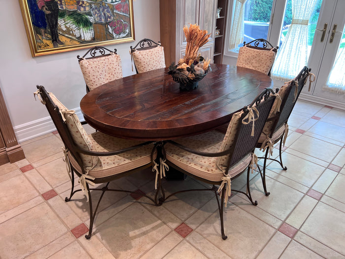 Oval Solid Wood Kitchen Table + 6 Wicker/Metal Chairs