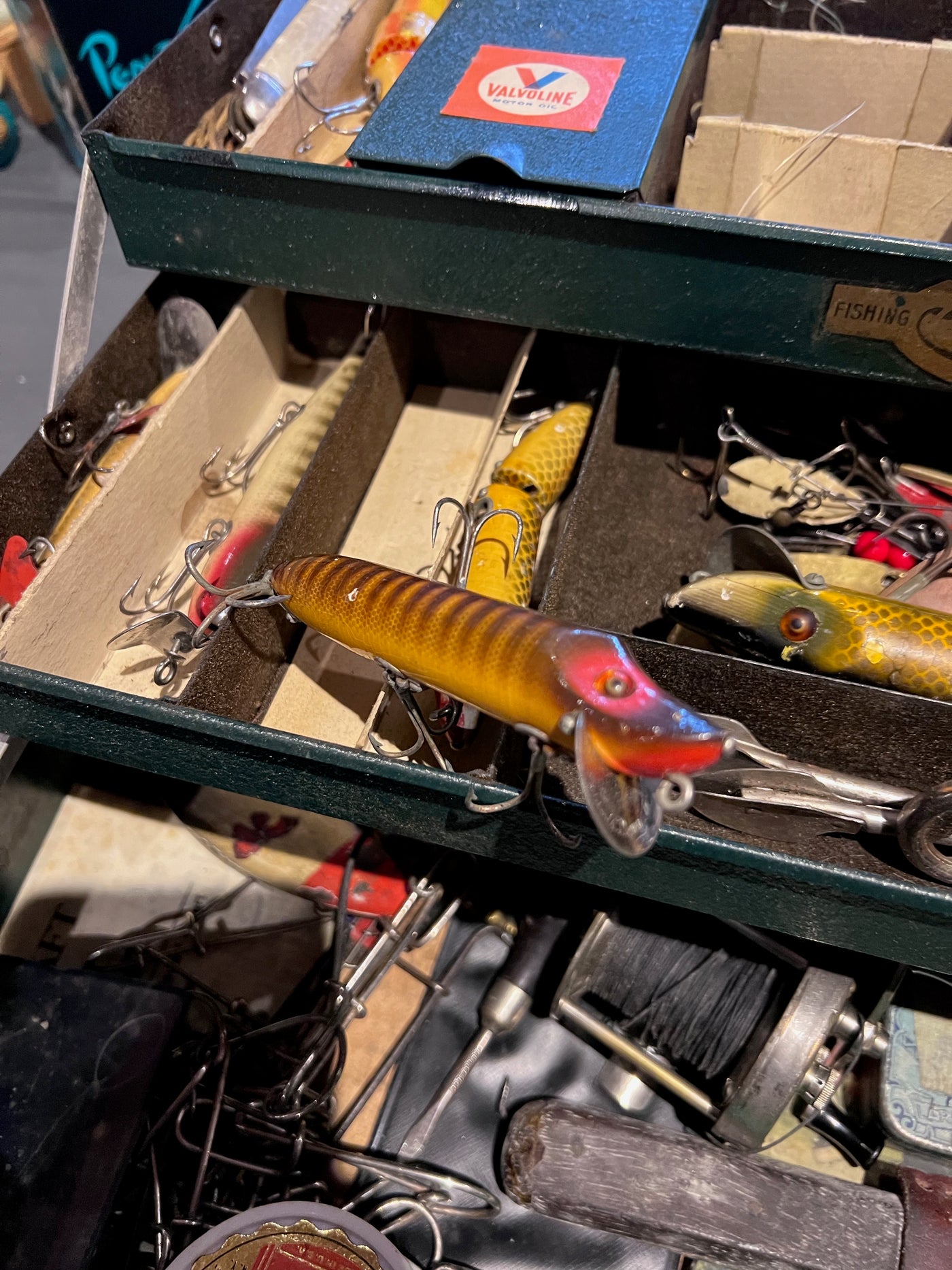 Vintage Fishing Tackle Box and Lures (*includes a few Heddon