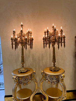 Pair of Monumental Antique Brass Candelabra Lamps- 3.5ft H