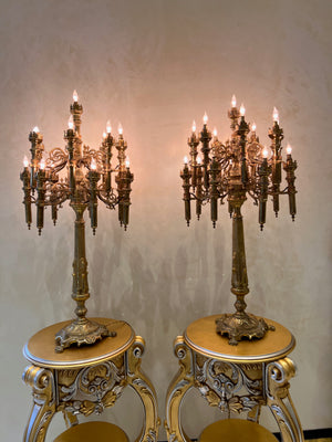 Pair of Monumental Antique Brass Candelabra Lamps- 3.5ft H