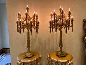 Pair of Monumental Antique Brass Candelabra Lamps- 3.5ft H