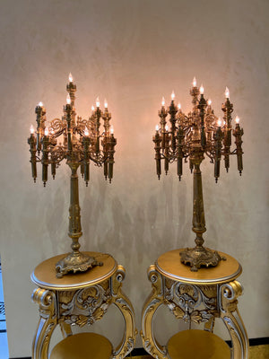 Pair of Monumental Antique Brass Candelabra Lamps- 3.5ft H