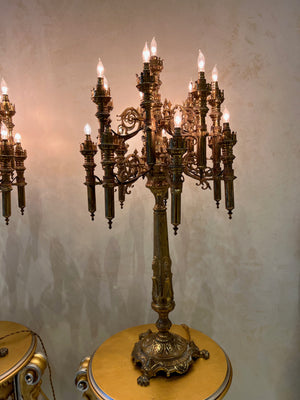 Pair of Monumental Antique Brass Candelabra Lamps- 3.5ft H