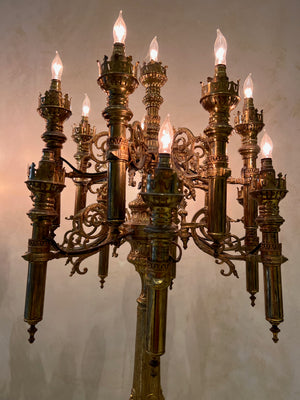 Pair of Monumental Antique Brass Candelabra Lamps- 3.5ft H