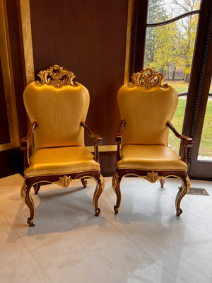 2 'Modenese Gastone Luxury Interiors' Baroque Leather Armchairs, Walnut Finish with Gold Leaf Details, Made in Italy (*retail $13,000)