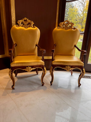 2 'Modenese Gastone Luxury Interiors' Baroque Leather Armchairs, Walnut Finish with Gold Leaf Details, Made in Italy (*retail $13,000)