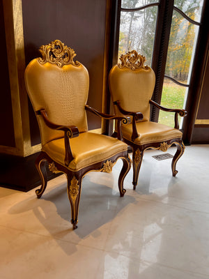 2 'Modenese Gastone Luxury Interiors' Baroque Leather Armchairs, Walnut Finish with Gold Leaf Details, Made in Italy (*retail $13,000)