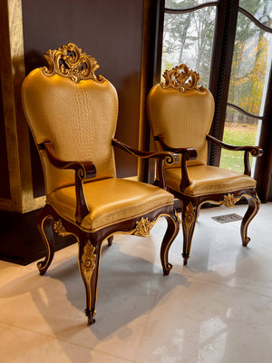 2 'Modenese Gastone Luxury Interiors' Baroque Leather Armchairs, Walnut Finish with Gold Leaf Details, Made in Italy (*retail $13,000)