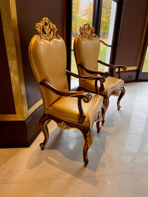 2 'Modenese Gastone Luxury Interiors' Baroque Leather Armchairs, Walnut Finish with Gold Leaf Details, Made in Italy (*retail $13,000)