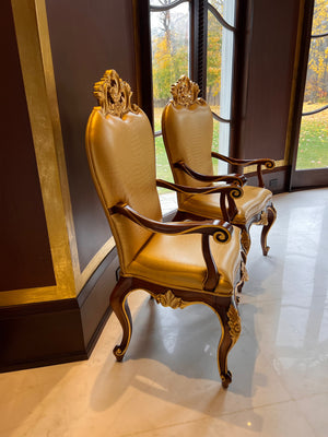 2 'Modenese Gastone Luxury Interiors' Baroque Leather Armchairs, Walnut Finish with Gold Leaf Details, Made in Italy (*retail $13,000)