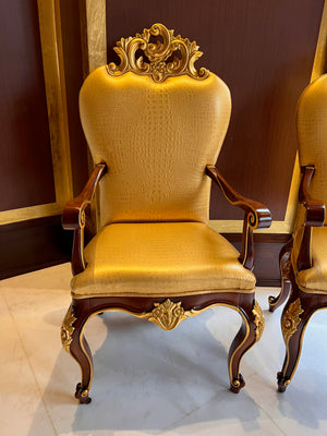 2 'Modenese Gastone Luxury Interiors' Baroque Leather Armchairs, Walnut Finish with Gold Leaf Details, Made in Italy (*retail $13,000)