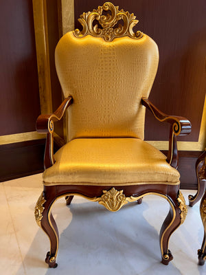 2 'Modenese Gastone Luxury Interiors' Baroque Leather Armchairs, Walnut Finish with Gold Leaf Details, Made in Italy (*retail $13,000)