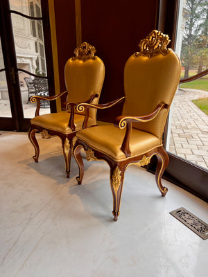 2 'Modenese Gastone Luxury Interiors' Baroque Leather Armchairs, Walnut Finish with Gold Leaf Details, Made in Italy (*retail $13,000)