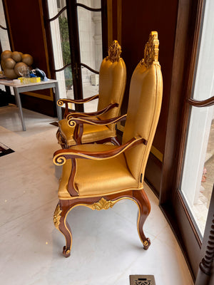 2 'Modenese Gastone Luxury Interiors' Baroque Leather Armchairs, Walnut Finish with Gold Leaf Details, Made in Italy (*retail $13,000)