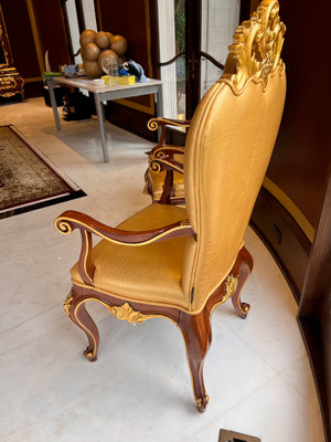 2 'Modenese Gastone Luxury Interiors' Baroque Leather Armchairs, Walnut Finish with Gold Leaf Details, Made in Italy (*retail $13,000)