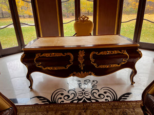 'Modenese Gastone Luxury Interiors' Baroque Desk 11302, Walnut Finish with Gold Leaf Details and Genuine Leather Top, Made in Italy (*retail $60,000)