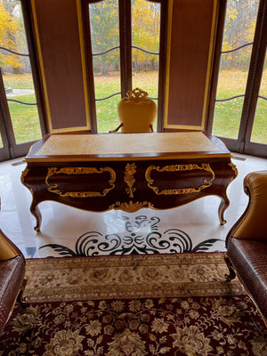 'Modenese Gastone Luxury Interiors' Baroque Desk 11302, Walnut Finish with Gold Leaf Details and Genuine Leather Top, Made in Italy (*retail $60,000)