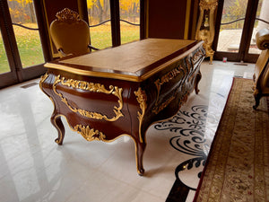 'Modenese Gastone Luxury Interiors' Baroque Desk 11302, Walnut Finish with Gold Leaf Details and Genuine Leather Top, Made in Italy (*retail $60,000)