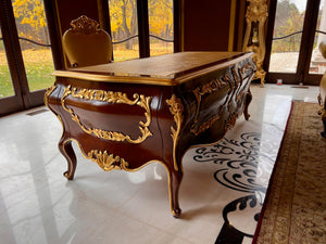 'Modenese Gastone Luxury Interiors' Baroque Desk 11302, Walnut Finish with Gold Leaf Details and Genuine Leather Top, Made in Italy (*retail $60,000)