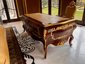 'Modenese Gastone Luxury Interiors' Baroque Desk 11302, Walnut Finish with Gold Leaf Details and Genuine Leather Top, Made in Italy (*retail $60,000)