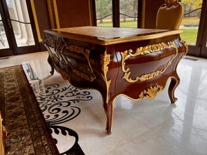 'Modenese Gastone Luxury Interiors' Baroque Desk 11302, Walnut Finish with Gold Leaf Details and Genuine Leather Top, Made in Italy (*retail $60,000)