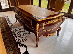 'Modenese Gastone Luxury Interiors' Baroque Desk 11302, Walnut Finish with Gold Leaf Details and Genuine Leather Top, Made in Italy (*retail $60,000)