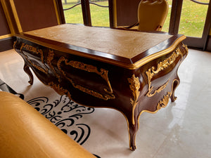 'Modenese Gastone Luxury Interiors' Baroque Desk 11302, Walnut Finish with Gold Leaf Details and Genuine Leather Top, Made in Italy (*retail $60,000)