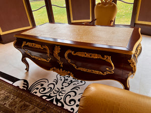 'Modenese Gastone Luxury Interiors' Baroque Desk 11302, Walnut Finish with Gold Leaf Details and Genuine Leather Top, Made in Italy (*retail $60,000)