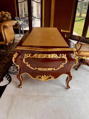 'Modenese Gastone Luxury Interiors' Baroque Desk 11302, Walnut Finish with Gold Leaf Details and Genuine Leather Top, Made in Italy (*retail $60,000)