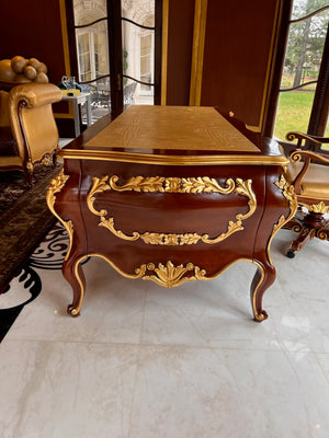 'Modenese Gastone Luxury Interiors' Baroque Desk 11302, Walnut Finish with Gold Leaf Details and Genuine Leather Top, Made in Italy (*retail $60,000)