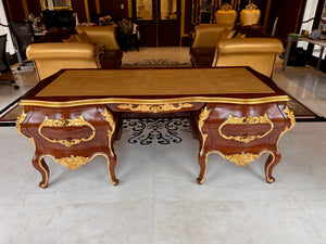 'Modenese Gastone Luxury Interiors' Baroque Desk 11302, Walnut Finish with Gold Leaf Details and Genuine Leather Top, Made in Italy (*retail $60,000)