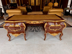 'Modenese Gastone Luxury Interiors' Baroque Desk 11302, Walnut Finish with Gold Leaf Details and Genuine Leather Top, Made in Italy (*retail $60,000)