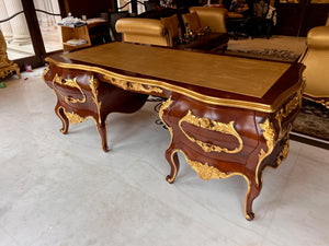 'Modenese Gastone Luxury Interiors' Baroque Desk 11302, Walnut Finish with Gold Leaf Details and Genuine Leather Top, Made in Italy (*retail $60,000)