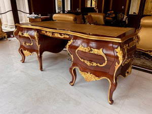 'Modenese Gastone Luxury Interiors' Baroque Desk 11302, Walnut Finish with Gold Leaf Details and Genuine Leather Top, Made in Italy (*retail $60,000)