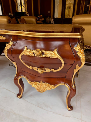 'Modenese Gastone Luxury Interiors' Baroque Desk 11302, Walnut Finish with Gold Leaf Details and Genuine Leather Top, Made in Italy (*retail $60,000)