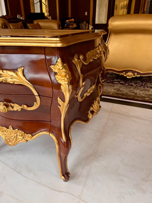 'Modenese Gastone Luxury Interiors' Baroque Desk 11302, Walnut Finish with Gold Leaf Details and Genuine Leather Top, Made in Italy (*retail $60,000)