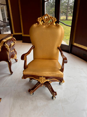 'Modenese Gastone Luxury Interiors' Baroque Leather Office Chair, Walnut Finish with Gold Leaf Details, Made in Italy (*retail $10,000)