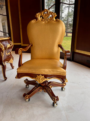 'Modenese Gastone Luxury Interiors' Baroque Leather Office Chair, Walnut Finish with Gold Leaf Details, Made in Italy (*retail $10,000)