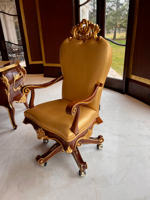 'Modenese Gastone Luxury Interiors' Baroque Leather Office Chair, Walnut Finish with Gold Leaf Details, Made in Italy (*retail $10,000)