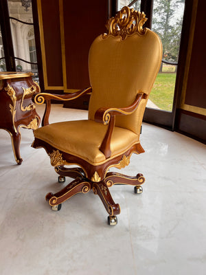 'Modenese Gastone Luxury Interiors' Baroque Leather Office Chair, Walnut Finish with Gold Leaf Details, Made in Italy (*retail $10,000)