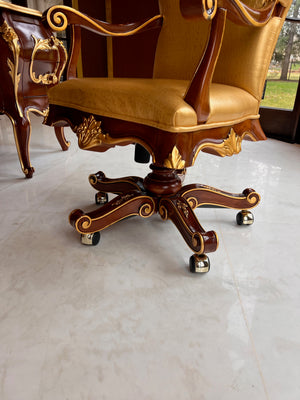 'Modenese Gastone Luxury Interiors' Baroque Leather Office Chair, Walnut Finish with Gold Leaf Details, Made in Italy (*retail $10,000)