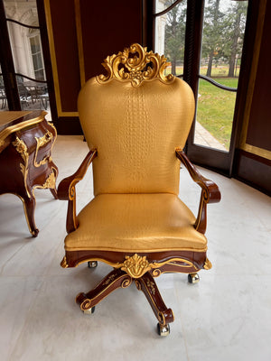 'Modenese Gastone Luxury Interiors' Baroque Leather Office Chair, Walnut Finish with Gold Leaf Details, Made in Italy (*retail $10,000)